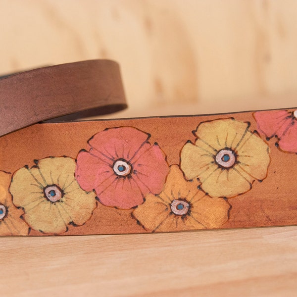 Leather Ukulele Strap - Poppy Garden Pattern - Orange, yellow, pink and antique mahogany - Flower ukulele strap - Handmade leather