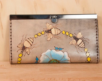 Leather Clutch Wallet -  Bee Line Pattern - Leather in turquoise, yellow, gold, green and antique black