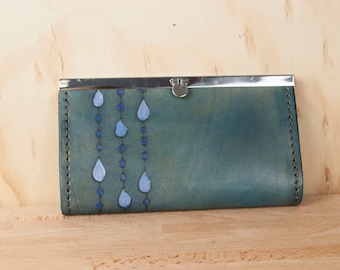Leather Checkbook Wallet -  Clutch Wallet - Womens Wallet - Rain pattern with modern raindrops in blue, white and evening blue