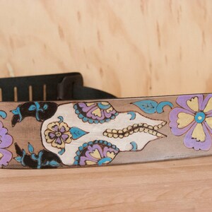 Leather Guitar Strap - Handmade in the Black Eyed Nellie pattern with day of the dead Cow Skull  - Acoustic or Electric Guitars