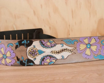 Leather Guitar Strap - Handmade in the Black Eyed Nellie pattern with day of the dead Cow Skull  - Acoustic or Electric Guitars