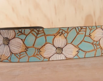 Guitar Strap - Leather Guitar Strap - Rebecca pattern with dogwood flowers- Art Nouveau - Sage, gold, white, brown - acoustic or electric