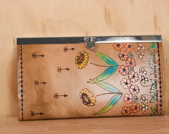 Leather Checkbook Wallet -  Clutch Wallet - Womens wallet in the Seeds Pattern with flower garden and dandelion seeds - Antique Brown