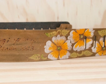 Leather Guitar Strap - Personalized in the Belle pattern with Flowers - orange + brown - Custom Guitar Strap for Electric or Acoustic Guitar