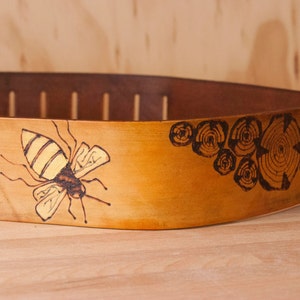 Leather Guitar Strap - Worker Bee pattern with bee and wood rounds - Tan and Gold