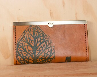 Leather Checkbook Wallet - Ladies Clutch Wallet - Leaf pattern in blue and antique tan - Womens Wallet