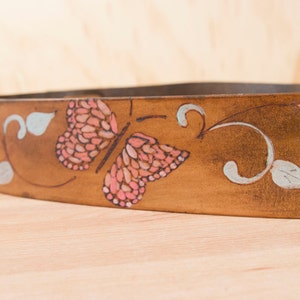 Sue Guitar Strap - Leather with butterflies and flowers - pink, sage, and antique brown