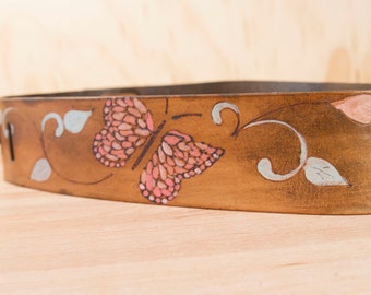 Sue Guitar Strap - Leather with butterflies and flowers - pink, sage, and antique brown