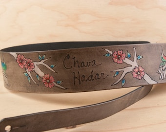 Guitar Strap - Leather Strap for Acoustic or Electric Guitars - May Pattern with Hummingbird and Cherry Blossoms - Acoustic Electric Guitar