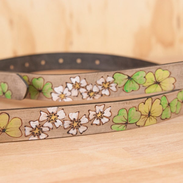 Mandolin Strap - Leather For A style or  F Style Mandolin - Lucky pattern with shamrocks and flowers - Green, white, antique black