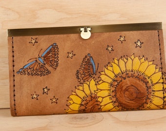 Leather Checkbook Wallet -  Womens Clutch Wallet in the Celestial Pattern with butterflies, sunflowers, stars  - Third Anniversary Gift Idea