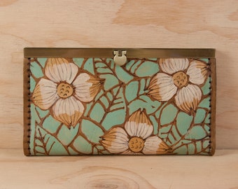 Leather Checkbook Wallet -  Womens Clutch Wallet with Dogwood Flowers and Leaves - White, Gold, sage and antique brown - Third Anniversary