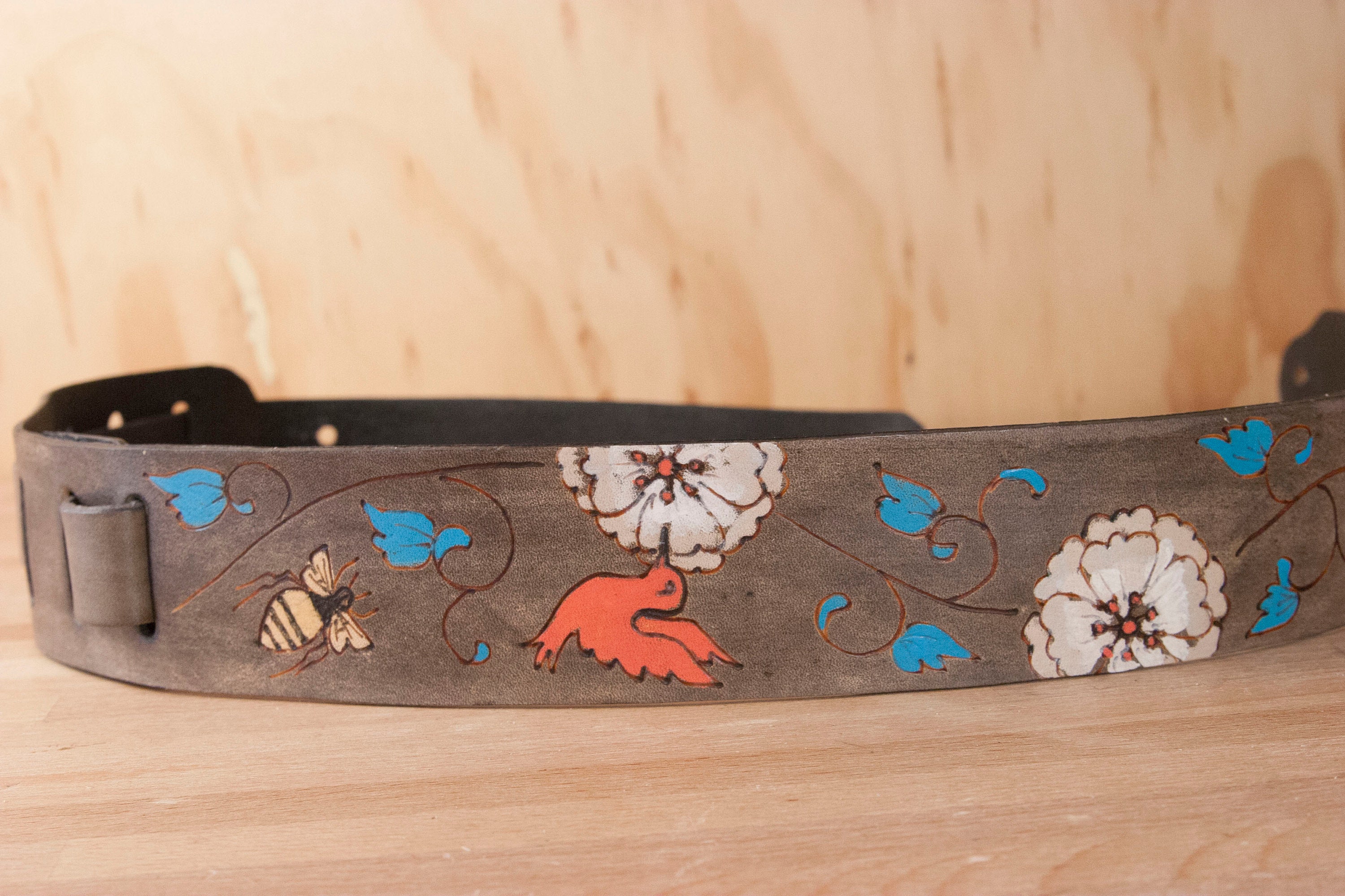 Leather Ukulele Strap Margot Pattern With Hummingbird Bees Etsy