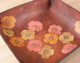 Valet Tray - Catch-All - Leather Tray - Handmade - Bedside Tray - Jewelry Tray - Flower Tray - Poppy Garden in pink yellow orange mahogany