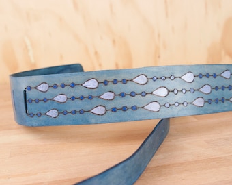 Leather Ukulele Strap - Rain pattern with modern raindrops - Blue and White - Kids Guitar Strap - Mandolin Strap