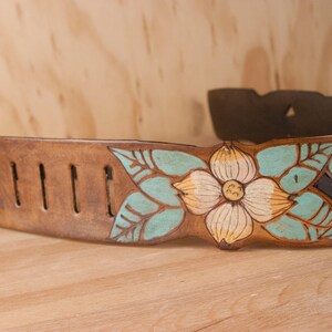 Leather Guitar Strap for Acoustic or Electric Guitars Rebecca Lace Pattern with Dogwood Flowers White, Gold, Sage and Antique Brown image 3