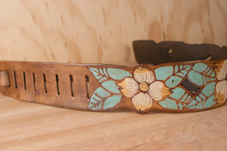 Leather Guitar Strap for Acoustic or Electric Guitars Rebecca Lace Pattern with Dogwood Flowers White, Gold, Sage and Antique Brown image 3