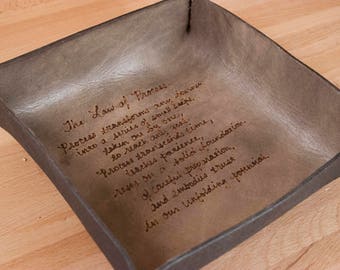 Valet Tray - Personalized Leather Catch all desk tray in the Smokey Pattern in Antique Black - Third Anniversary Gift