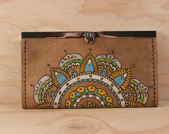 Leather Checkbook Wallet -  Womens Clutch Wallet with Mandala Pattern in Green, Turquoise, silver and antique brown  - Third Anniversary