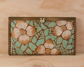 Leather Checkbook Wallet -  Womens Clutch Wallet in the Rebecca pattern with dogwood flowers - Sage and gold - Third Anniversary Gift Idea