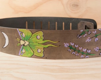 Guitar Strap - Handmade Leather with Luna Moth, Crescent Moon, Stars and Lupine - For Acoustic or Electric Guitar - Guitar Player Gift