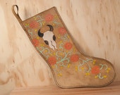 Christmas Stocking - Scarlet pattern with cow skull and roses - white, green, yellow, coral and antique brown
