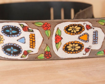 Leather Guitar Strap - Handmade in the Stacked Skull pattern with day of the dead sugar skulls