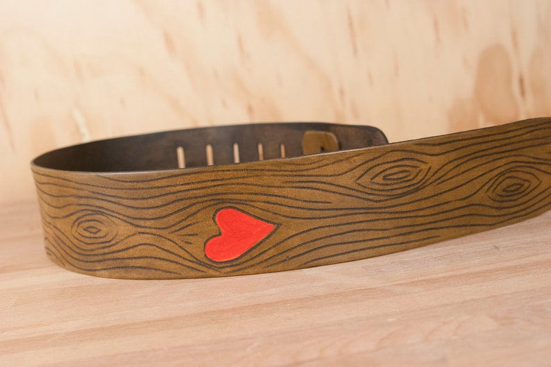 Leather Guitar Strap in the Nice Pattern // Valentines Day Gift // Woodgrain and heart image 1