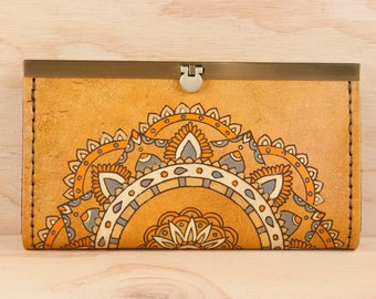 Leather Checkbook Wallet -  Womens Clutch Wallet with Mandala Pattern in Orange, Gray, Gold and Antique Tan - Third Anniversary Gift Idea