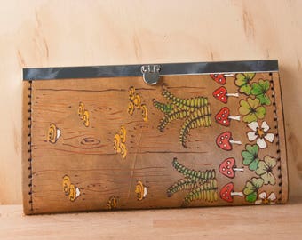 Leather Checkbook Wallet - Ladies Clutch Wallet - Ronja pattern with mushrooms, shamrocks and ferns - Red, Green and Antique Brown
