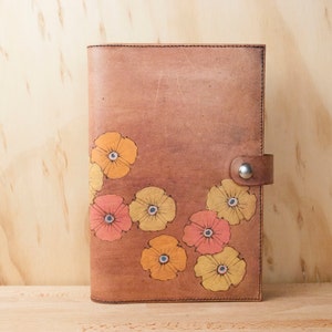 Journal Leather Journal Sketchbook Blank Book Refillable Poppy Garden Pattern with flowers pink, yellow, orange antique mahogany image 1