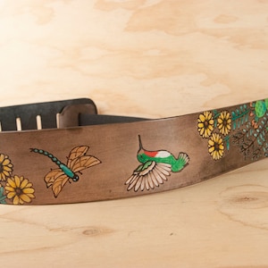 Santa Fe Guitar Strap - Handmade Leather with Hummingbird, Dragonfly and Cactus for Acoustic and Electric Guitars