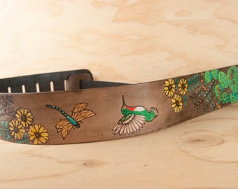 Santa Fe Guitar Strap - Handmade Leather with Hummingbird, Dragonfly and Cactus for Acoustic and Electric Guitars