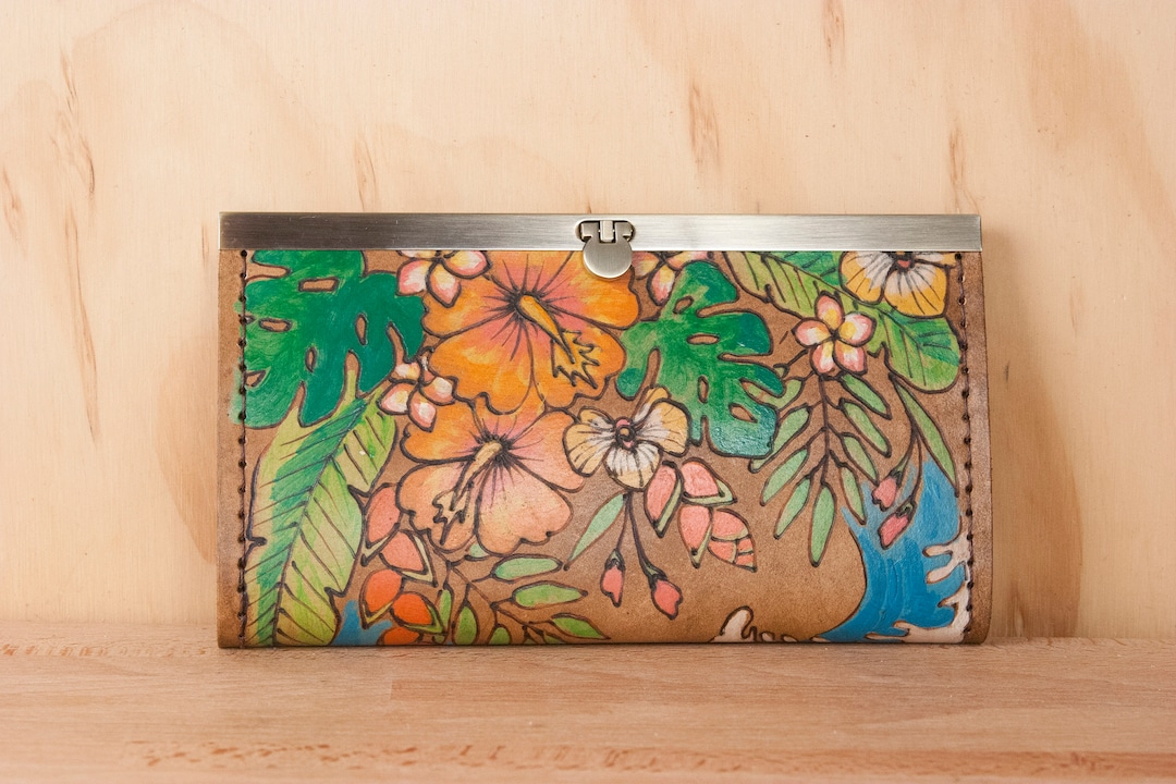 Checkbook Wallet Pattern Leather Checkbook Wallet: Tropical Floral Clutch, Hanalei Pattern - Etsy
