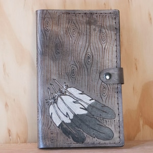 Custom Leather Journal - Personalized Moleskine Journal Cover in the Emily Pattern - Feathers and Wood Grain - Third Anniversary Gift