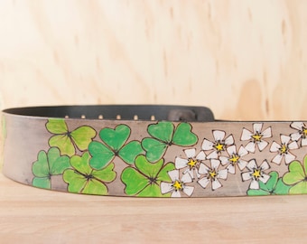 Guitar Strap - Leather Guitar Strap - Lucky pattern with shamrocks, flowers and clovers - Green, white and antique black - acoustic electric