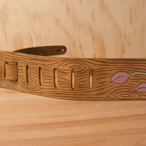 Orchid Guitar Strap Handmade leather in purple, green, antique brown Orchid and wood grain image 3