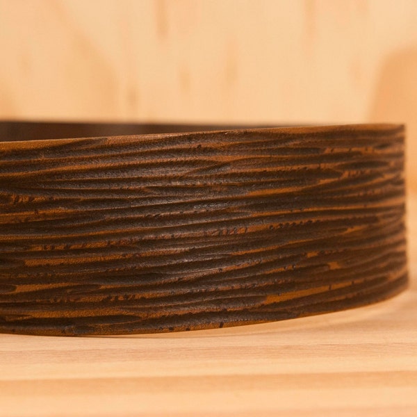 Leather Guitar Strap - Antique Brown - Blaise Pattern with wood grain