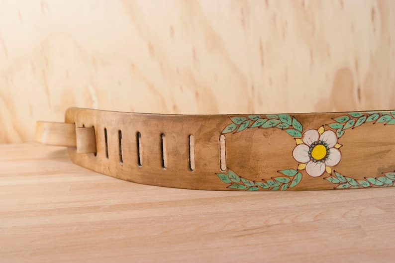 Guitar Strap Leather Guitar Strap Colibri Hummingbird and flowers Handmade leather in coral, green, white and antique brown image 2