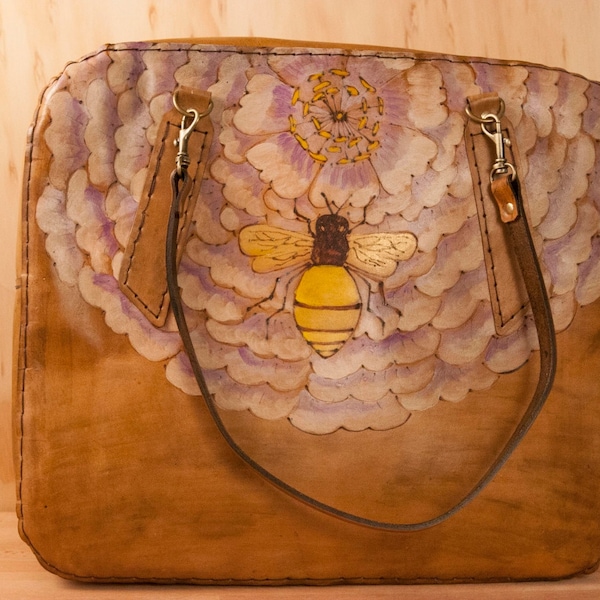 Honeybee Travel Bag - Leather in purple, gold, yellow, white and antique brown