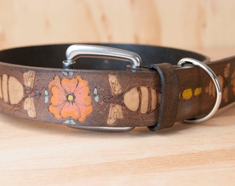 Leather Dog Collar - Bee Line with flowers and bees - coral, yellow, gold and antique black