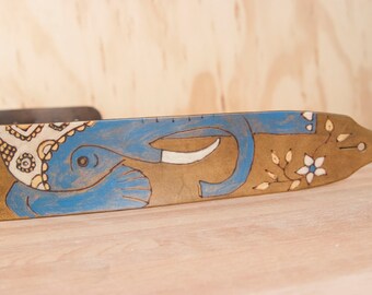 Guitar Strap - Leather Guitar Strap - Ruby pattern with Elephant and flowers - Handmade leather in Blue, gold and antique brown