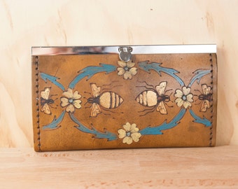 Leather Checkbook Wallet -  Clutch Wallet - Womens Wallet - Melissa Pattern with bees - turquoise, yellow, gold and antique brown -