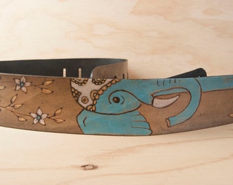 Guitar Strap - Leather Guitar Strap - Ruby pattern with Elephant and flowers - Handmade leather in aqua, gold white and antique black