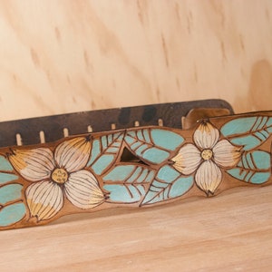 Leather Guitar Strap for Acoustic or Electric Guitars Rebecca Lace Pattern with Dogwood Flowers White, Gold, Sage and Antique Brown image 6