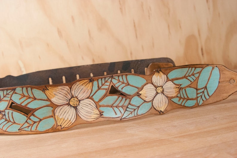 Leather Guitar Strap for Acoustic or Electric Guitars Rebecca Lace Pattern with Dogwood Flowers White, Gold, Sage and Antique Brown image 6