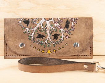 iPhone Wristlet Wallet - Womens Leather Wallet with Crows and Flowers - Four Seasons Pattern - Fits all Generations