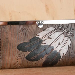 Womens Leather Checkbook or Clutch Wallet - Handmade in the Emily pattern with Feathers and Woodgrain