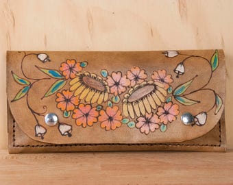 iPhone Wristlet Wallet - Womens Leather Wallet with Flowers - Bloom Pattern in Pink, Yellow and Antique Brown - iPhone 6 7 8 10 and Plus