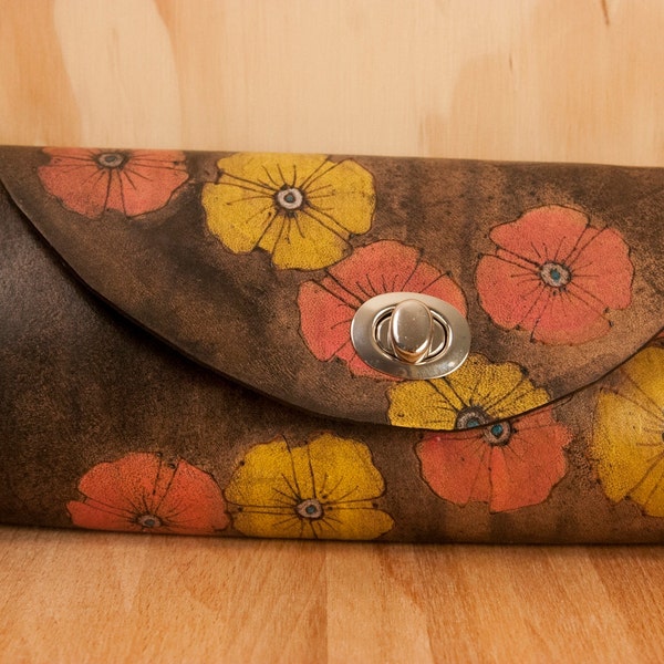 Leather Clutch Purse - Pink, Yellow and antique black - Poppy Garden with Flowers